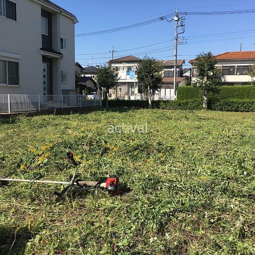越谷市弥栄町 土地 敷地いっぱいに伸びていた雑草を当社が引き渡し前に除草(草刈り)作業をした土地です。売主様に代わってこのような売却に必要なこともサポートします。