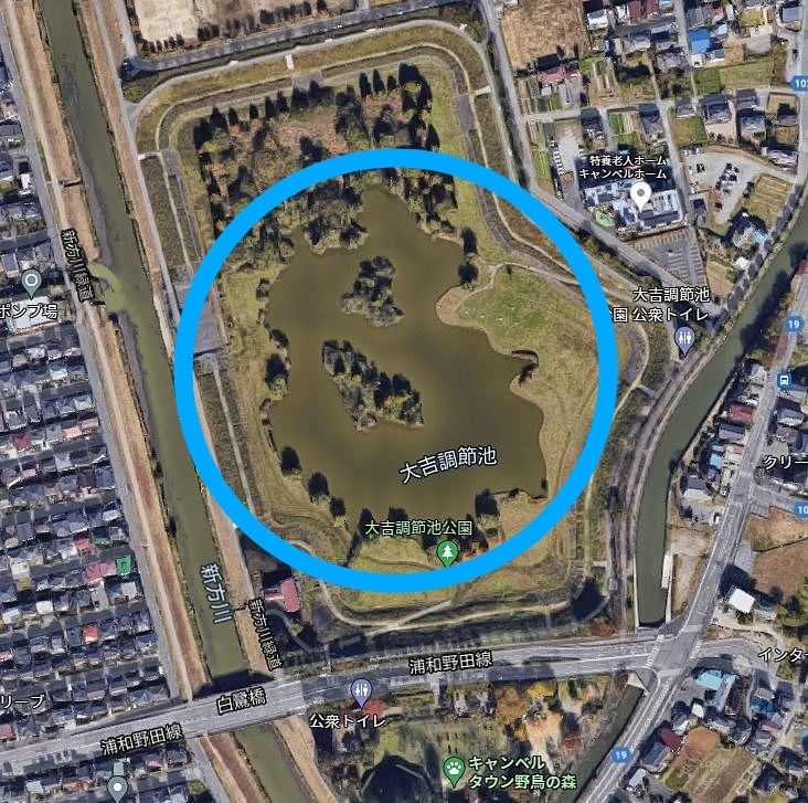 越谷市内に越谷市の形をした池があります。